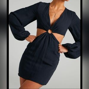 RUNAWAY Black Sandra Mini DRESS Sz L 8 Cut Out Waist Long Sleeve Vneck